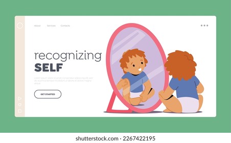 Self Recognizing Landing Page Template. Toddler Child Sitting on Floor Gazing Into A Mirror, Observing Appearance, Exhibiting Expressions Of Amazement Or Self-discovery. Cartoon Vector Illustration