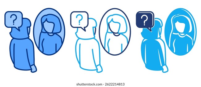 Self Reflection icon represented by looking in the mirror, question mark Blue, Dualline, Dualtone style.