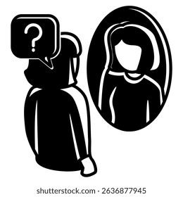 Self Reflection icon represented by looking in the mirror, question mark Black Filled style.