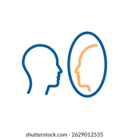Self reflection icon. Vector thin line illustration with editable stroke representing self-awareness, identity, introspection and personal growth. Person looking into mirror