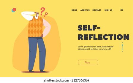 Self Reflection Landing Page Template. Senility, Alzheimer, Dementia Concept. Confused Old Male Character Memory Loss. Pensive African Senior Man Scratching Head. Cartoon People Vector Illustration