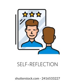 Self reflection psychological disorder problem, mental health isolated thin line icon, symbolizing introspection and self-awareness, represented by a mirror contemplating with male face reflection