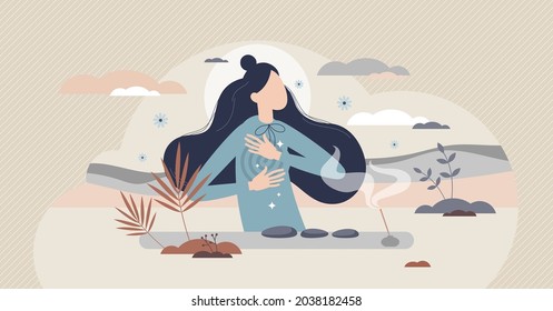 Self reiki as alternative medicine with energy healing tiny person concept. Relaxation and recovery for yourself after trauma, disease or illness to get back peace and harmony vector illustration.