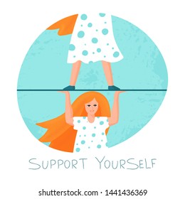 Self reliance concept, self esteem concept. Woman supporting herself. Vector cartoon colorful illustration, isolated.