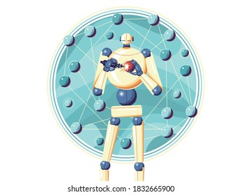 Selbstreparierendes Roboterkonzept. Menschliches Maschinenschweißen und Bauen eines Bestandteils von sich selbst. Vektorgrafik.