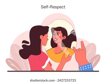 Self Respect concept. A confident woman engages in positive self talk, facing her reflection with a sense of pride and empowerment. Celebrating personal esteem and confidence. Flat vector illustration