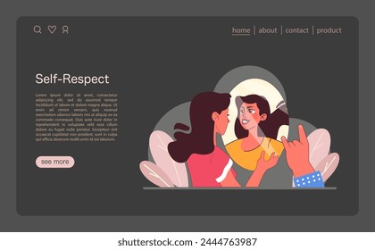 Self Respect concept. A confident woman engages in positive self talk, facing her reflection with a sense of pride and empowerment. Celebrating personal esteem and confidence. Flat vector illustration