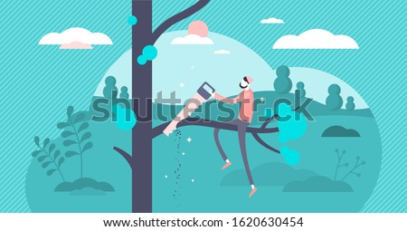 Self sabotage and self defeating mind state concept.Flat tiny person vector illustration.Do not cut the branch you are sitting on.Wrong mental action and problem solving.Business or personal failure.