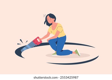 Self sabotage. Woman with saw sawing hole in floor, business bankrupt stupid mistake or danger decision self harm lost idea bankruptcy concept idiot shame vector illustration original artwork