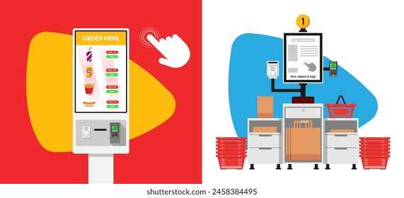 Self scan checkout fast food restaurant self ordering kiosk, vector flat illustration