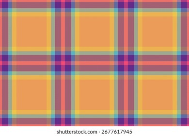 Selbst nahtlose Textur Tartan, Menü prüfen Stoff Vektor. Handgefertigtes, kariertes Muster, textiler Hintergrund in orangen und violetten Farben.