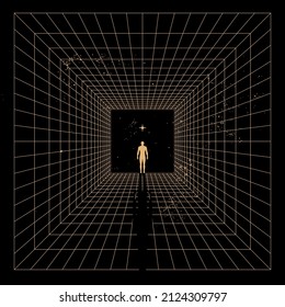 Self searching mental psychologic concept with abstract human silhouette walking through the retro digital grid tunnel in search of the unknown. Vector illustration