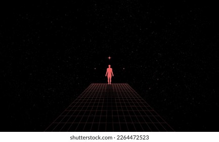 Self searching mental psychologic concept with abstract human silhouette walking through the retro digital grid surface in search of the unknown. Vector vaporwave Synthwave wireframe net illustration