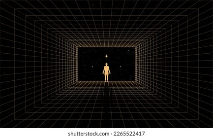 Self searching mental psychologic concept with abstract human silhouette walking through the retro digital grid tunnel in search of the unknown. Vector vaporwave Synthwave wireframe net illustration