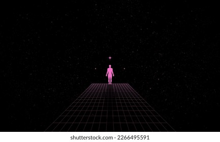 Concepto psicológico mental autobuscado con silueta humana abstracta caminando por la superficie de la cuadrícula digital retro en busca de lo desconocido. Ilustración de la red de la onda sinthwave del vaporwave