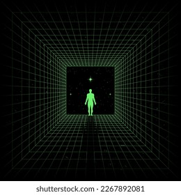 Self searching mental psychologic concept with abstract human silhouette walking through the retro digital grid tunnel in search of the unknown. Vector vaporwave Synthwave wireframe net illustration