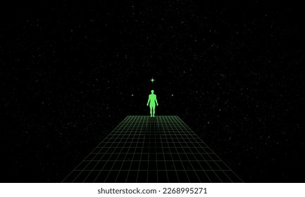 Self searching mental psychologic concept with abstract human silhouette walking through the retro digital grid surface in search of the unknown. Vector vaporwave Synthwave wireframe net illustration