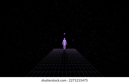 Self searching mental psychologic concept with abstract human silhouette walking through the retro digital grid surface in search of the unknown. Vector vaporwave Synthwave wireframe net illustration