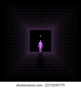 Self searching mental psychologic concept with abstract human silhouette walking through the retro digital grid tunnel in search of the unknown. Vector vaporwave Synthwave wireframe net illustration