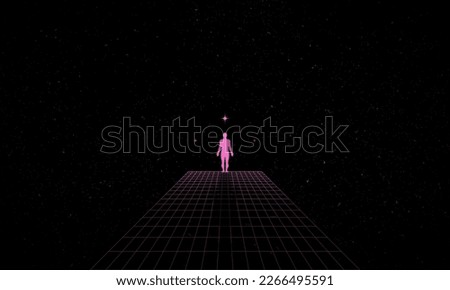 Self searching mental psychologic concept with abstract human silhouette walking through the retro digital grid surface in search of the unknown. Vector vaporwave Synthwave wireframe net illustration