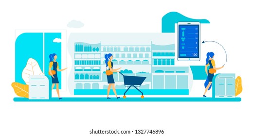 Self Service App Checkout Store. Smart Shelf Sensor Vision Technology. Automatic Purchase Detection And Smartphone Application Interaction. Cashierless Scanner Tracking Surveillance System Shop.