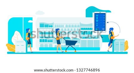 Self Service App Checkout Store. Smart Shelf Sensor Vision Technology. Automatic Purchase Detection and Smartphone Application Interaction. Cashierless Scanner Tracking Surveillance System Shop.