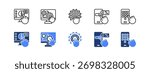 Self service, Automation, Digitalization, Online reservation, Mobile apps with two styles, line and duotone icon.