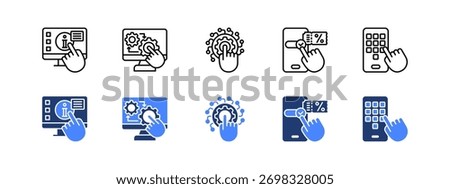 Self service, Automation, Digitalization, Online reservation, Mobile apps with two styles, line and duotone icon.
