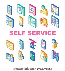 Self Service Buying Collection Icons Set Vector. Self Service Robot Cashier And Photo Kiosk, Digital Check And Terminal For Payment Isometric Sign Color Illustrations