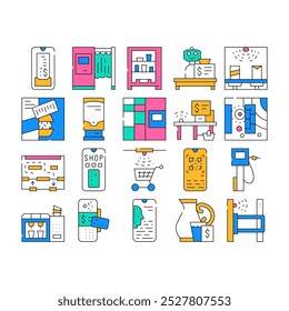 Self Service Buying Collection Icons Set Vector. Self Service Robot Cashier And Photo Kiosk, Digital Check And Terminal For Payment color Contour Illustrations