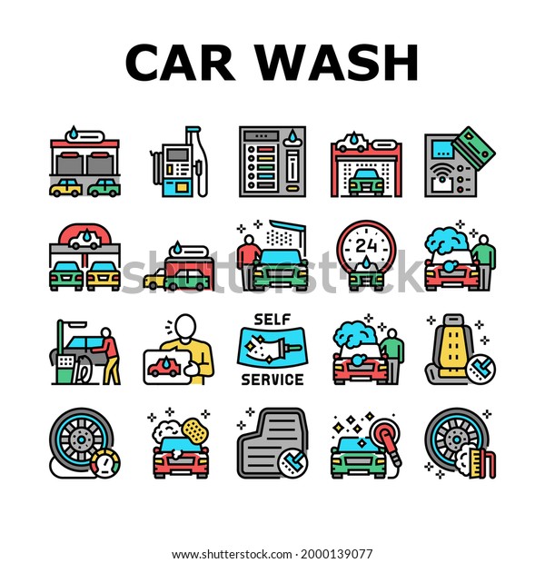 Self\
Service Car Wash Collection Icons Set Vector. Non Contact Car Wash\
Station And Equipment, Washing Carpet And Cleaning Windows Concept\
Linear Pictograms. Contour Color\
Illustrations