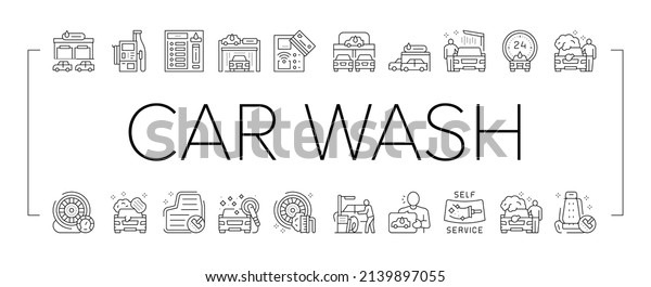 Self Service Car Wash Collection\
Icons Set Vector. Non Contact Car Wash Station And Equipment,\
Washing Carpet And Cleaning Windows Black Contour\
Illustrations