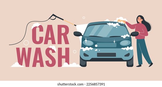 Self service car wash composition with flat text and front view of woman cleaning her automobile vector illustration