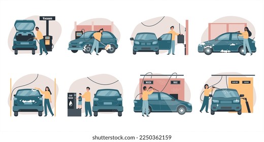 Self service car wash flat set of isolated compositions with views of owners cleaning their vehicles vector illustration
