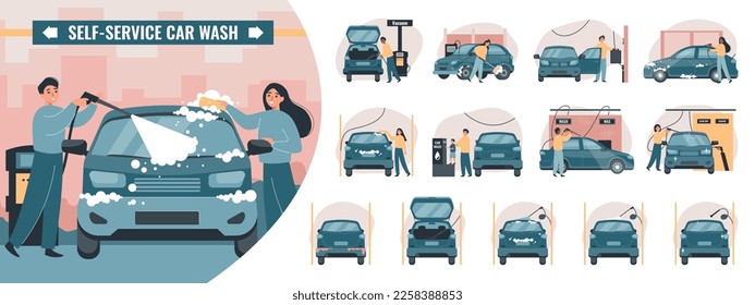 Self service car wash flat set of isolated compositions with views of cars and owners characters vector illustration