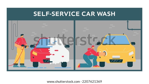 Self service car wash scene, man cleaning his car\
with water jet and sponge, flat vector illustration. Character\
washing automobile in\
garage.