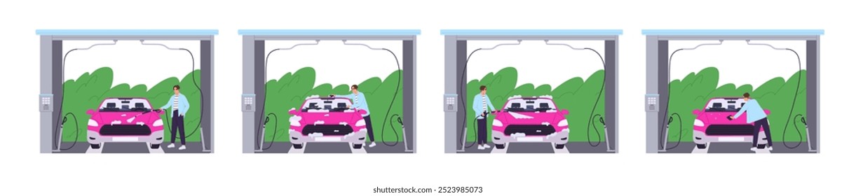 Conjunto de lavado de auto servicio. Etapas de limpieza de automóviles en la estación de mantenimiento. El hombre sirve el coche, se lava auto con el equipo de la lavadora, esponja, espuma. Ilustraciones vectoriales aisladas planas sobre fondo blanco