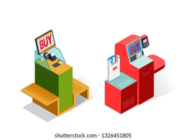 Self Service Cash Registers At Retail Stores. Flat Isometric Vector Illustration Isolated On White Background