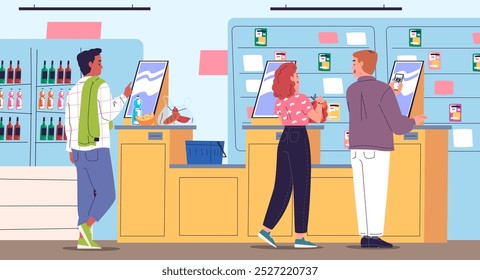 Cajero de autoservicio. Personas de consumo que compran o pagan bienes en el supermercado mostrador de caja registradora de autoservicio, escáner de autoservicio de supertienda Ilustración vectorial con clase Completar compra Obra de arte original