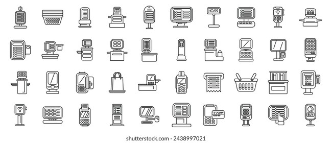 Self service checkout icons set outline vector. Supermarket scan terminal. Shop grocery