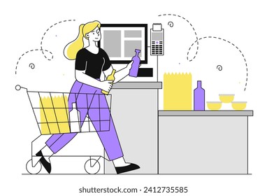 Self service checkout linear concept. Woman buy groceries in supermarket. Customer in store or shop. Retail and commerce, shopping. Doodle flat vector illustration isolated on white background