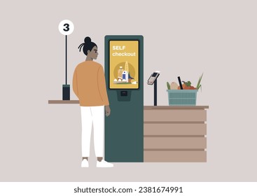 A self service checkout register, a supermarket store operated without managers