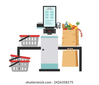 Self service checkout with shopping bag full of food and shopping baskets in the supermarket isolated on white. Self service and self payment terminal. Contactless payment.