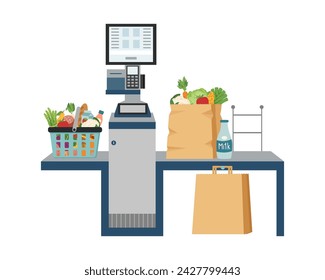 Self service checkout with shopping bag full of food and shopping baskets in the supermarket isolated on white. Self service and self payment terminal. Contactless payment.