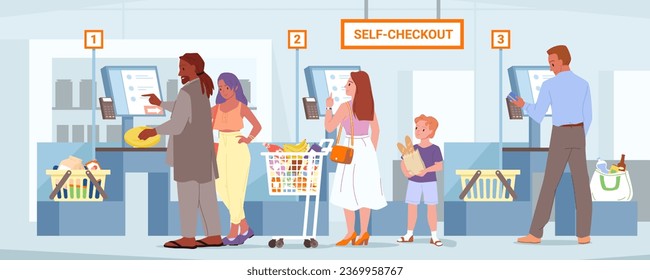 Autoservicio en salida en la ilustración vectorial de supermercado. Personas caricaturistas con compras dentro de los carritos de tiendas escanean alimentos con escáner automático, los personajes del cliente pagan en el mostrador automatizado de cajero