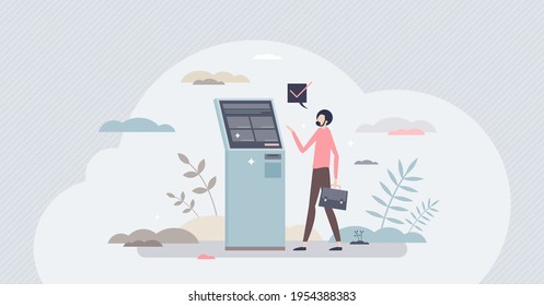 Self service checkout with ticket purchase desk stand tiny person concept. Customer contactless payment and check in process at subway, airport or cinema vector illustration. Store payment terminal.