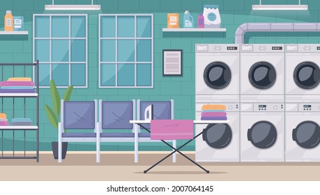 Self service coin laundry interior with commercial washing machines dryers ironing board clothing rack cartoon vector illustration