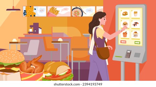 Self service in fast food restaurant vector illustration. Cartoon woman using touch screen on automatic kiosk to choose, order and pay for dishes in interior of hall of cafeteria, cafe or canteen