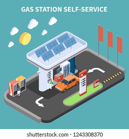 Self service at gas station with payment terminal and vending machine isometric composition turquoise background vector illustration