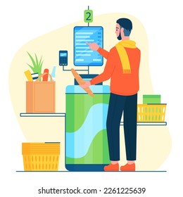 Self service in grocery store, supermarket vector illustration. Cartoon consumer using cashier electronic kiosk with display and automated contactless payment for products and purchases in retail shop